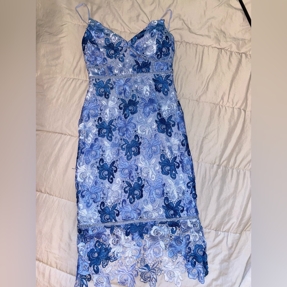 Blue lace wedding guest dress